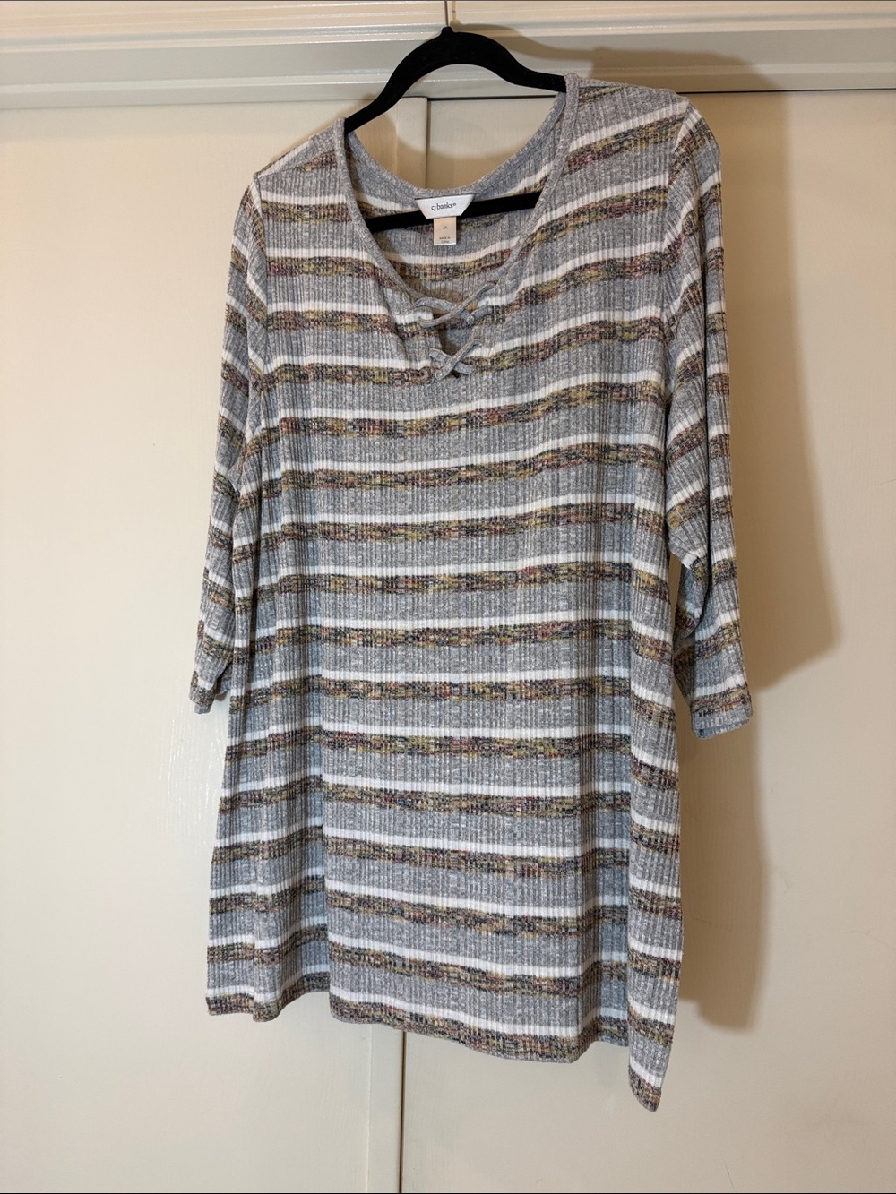 CJ Banks  Striped Crisscross Neck 3/4 sleeve Sweater Top - Gray